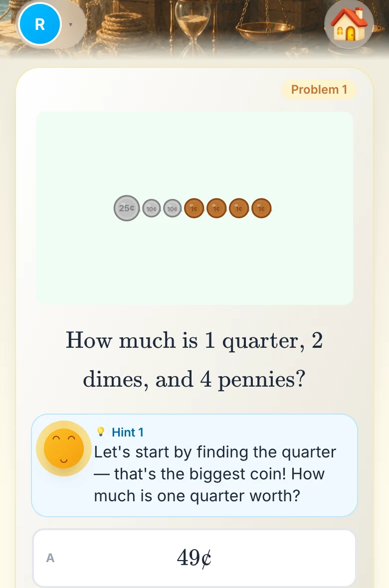 A coin problem: how much is 1 quarter, 2 dimes and 4 pennies? Sunny's first hint sits on the card: let's start by finding the quarter, that's the biggest coin.