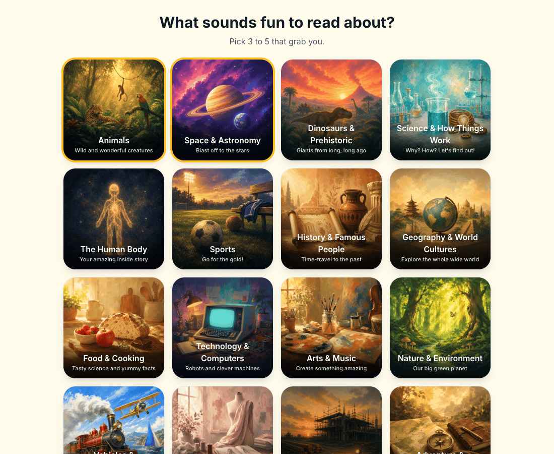 The interest picker: painted tiles for Animals, Space and Astronomy, Dinosaurs, Science, and more.