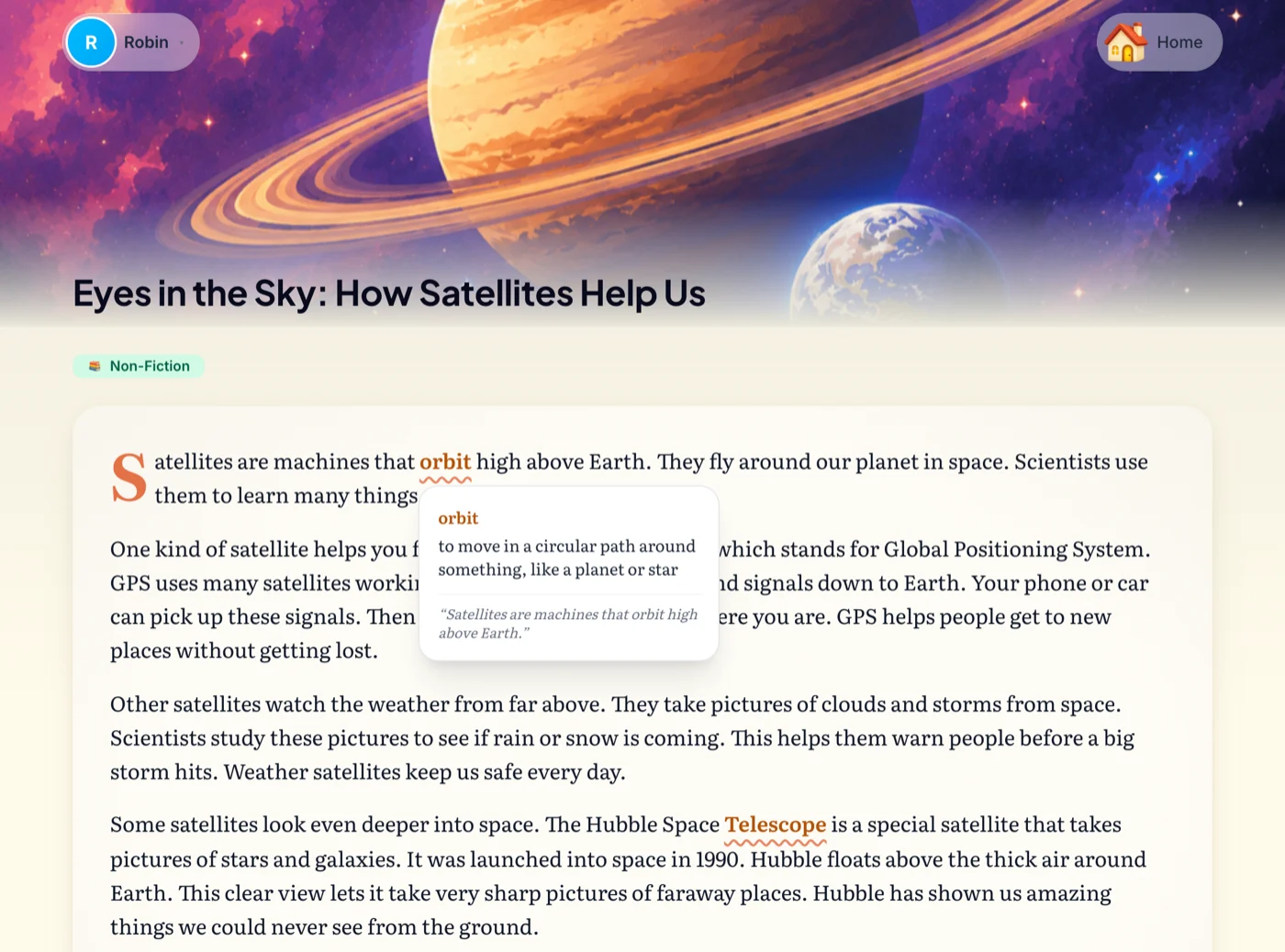 A Sunny nonfiction reading, Eyes in the Sky: How Satellites Help Us, under a painting of Saturn and Earth. The word orbit is tapped, showing its definition: to move in a circular path around something, like a planet or star.