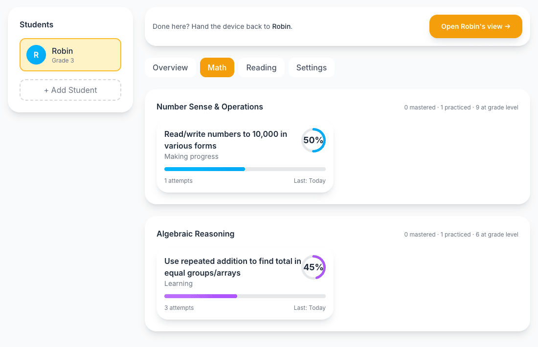 The parent dashboard's math tab, showing progress on individual skills.